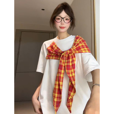 美式复古格纹蝴蝶结短袖t