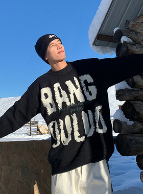 Holocene美式潮牌嘻哈字母提花加厚套头外套男毛衣宽松情侣针织衫