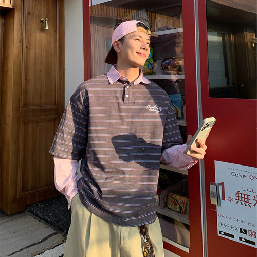 Holocene美式潮牌条纹假两件T恤