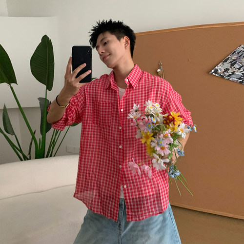 Holocene男夏格子宽松长袖衬衫