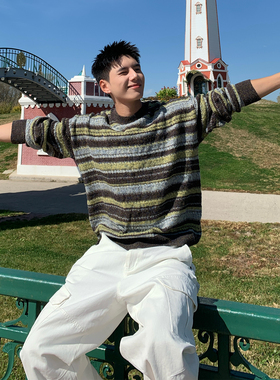 Holocene美式潮牌复古撞色条纹圆领毛衣男秋季慵懒风套头针织上衣