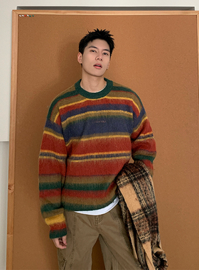 Holocene美式潮牌撞色复古条纹毛衣保暖日系慵懒风宽松圆领针织衫