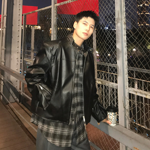 Holocene美式潮牌亨利领皮衣外套