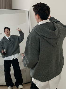 Holocene美式潮牌超好看秋冬连帽毛衣半开衫纽扣情侣套头针织衫男