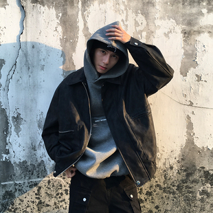 Holocene美式潮牌高级感痞帅翻领外套男款高街飞行员机车服皮夹克