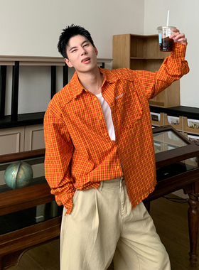 Holocene美式潮牌复古橙色长袖格子衬衫秋季宽松多巴胺格纹衬衣男