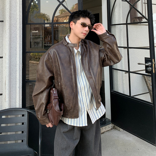 Holocene美式潮牌做旧立领皮衣夹克男生宽松cleanfit潮流痞帅外套