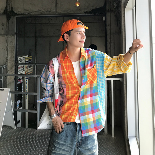 Holocene多巴胺彩虹格子衬衫男