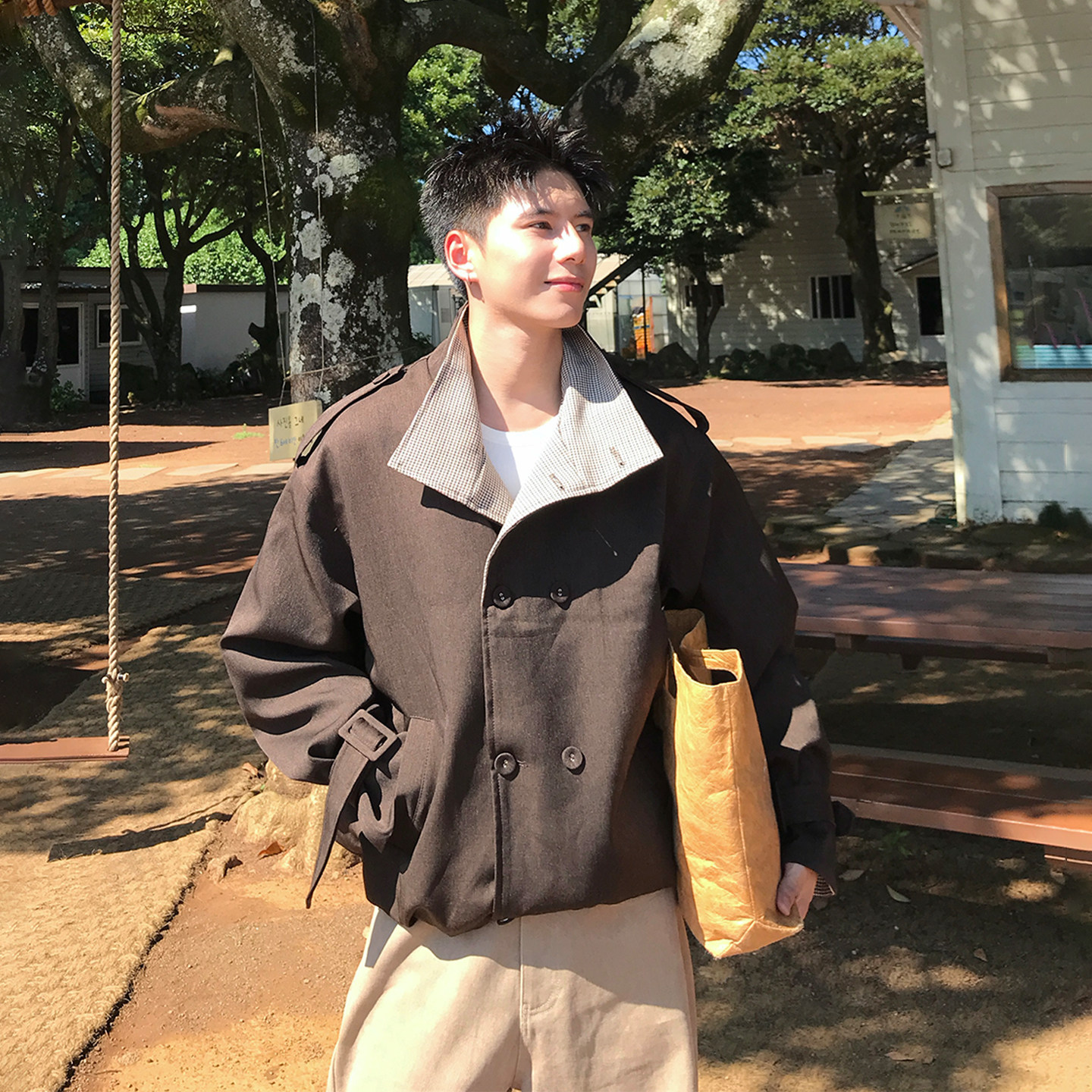 春秋工装千鸟格立领绑带夹克男