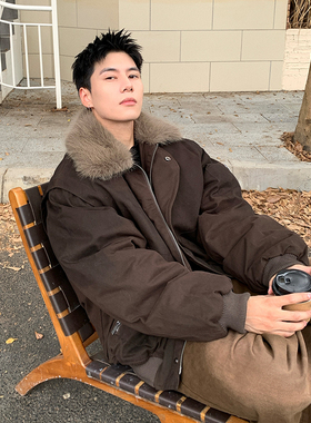 Holocene美式潮牌复古大毛领工装加厚保暖宽松高街痞帅情侣羽绒服