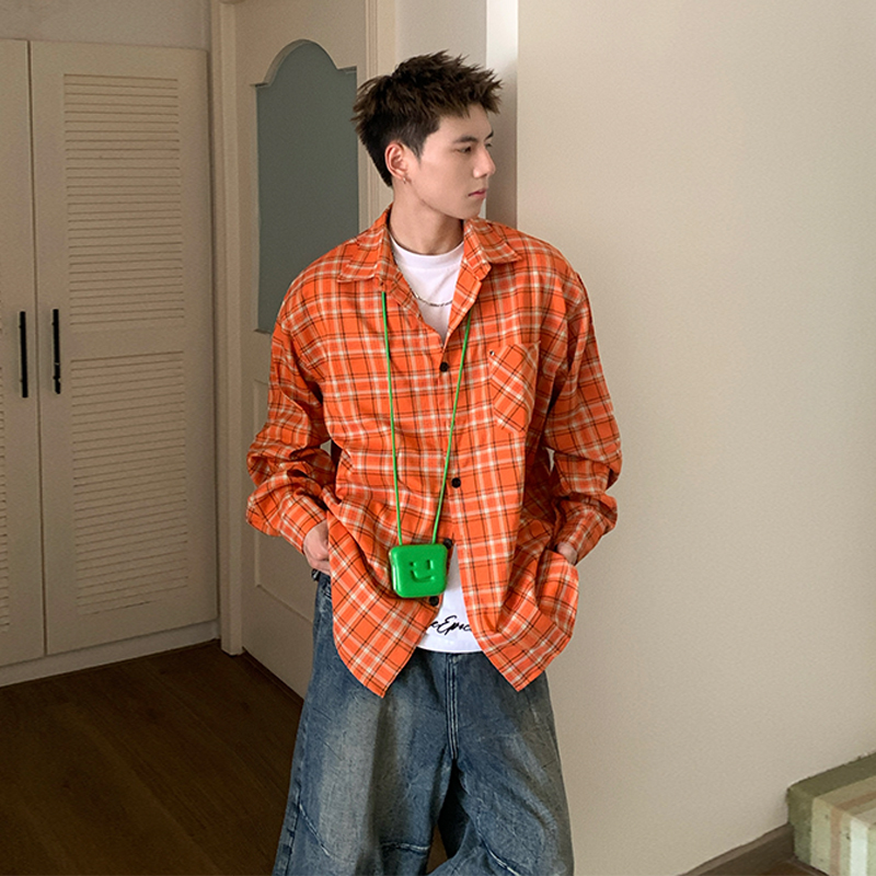 Holocene美式潮牌复古橙色格纹长袖衬衫宽松百搭休闲情侣慵懒衬衣