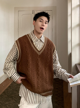 Holocene美式潮牌秋冬学院风麻花毛衣男休闲V领背心针织衫宽松衫
