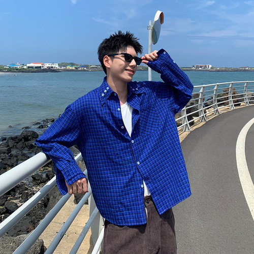 Holocene复古宽松格子长袖衬衫男