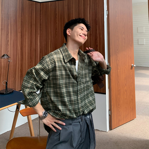 Holocene复古格纹长袖衬衫男