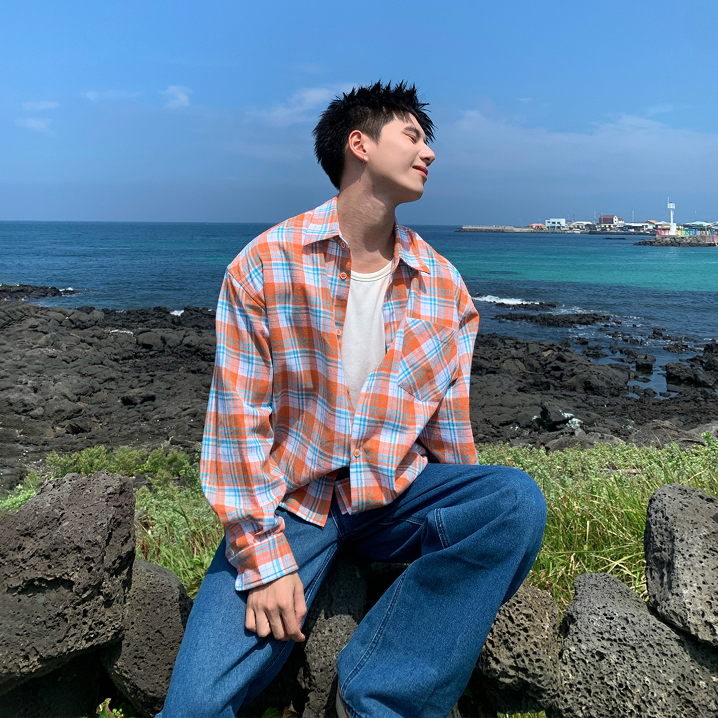 Holocene美式潮牌宽松百搭拼色长袖格子衬衫男秋季小清新翻领衬衣