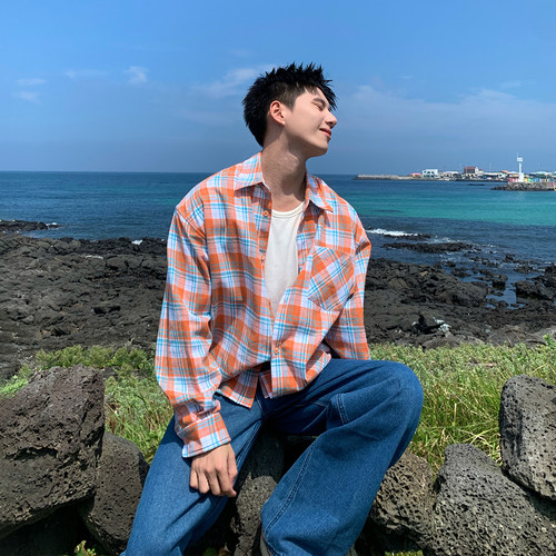 Holocene男宽松长袖格子衬衫