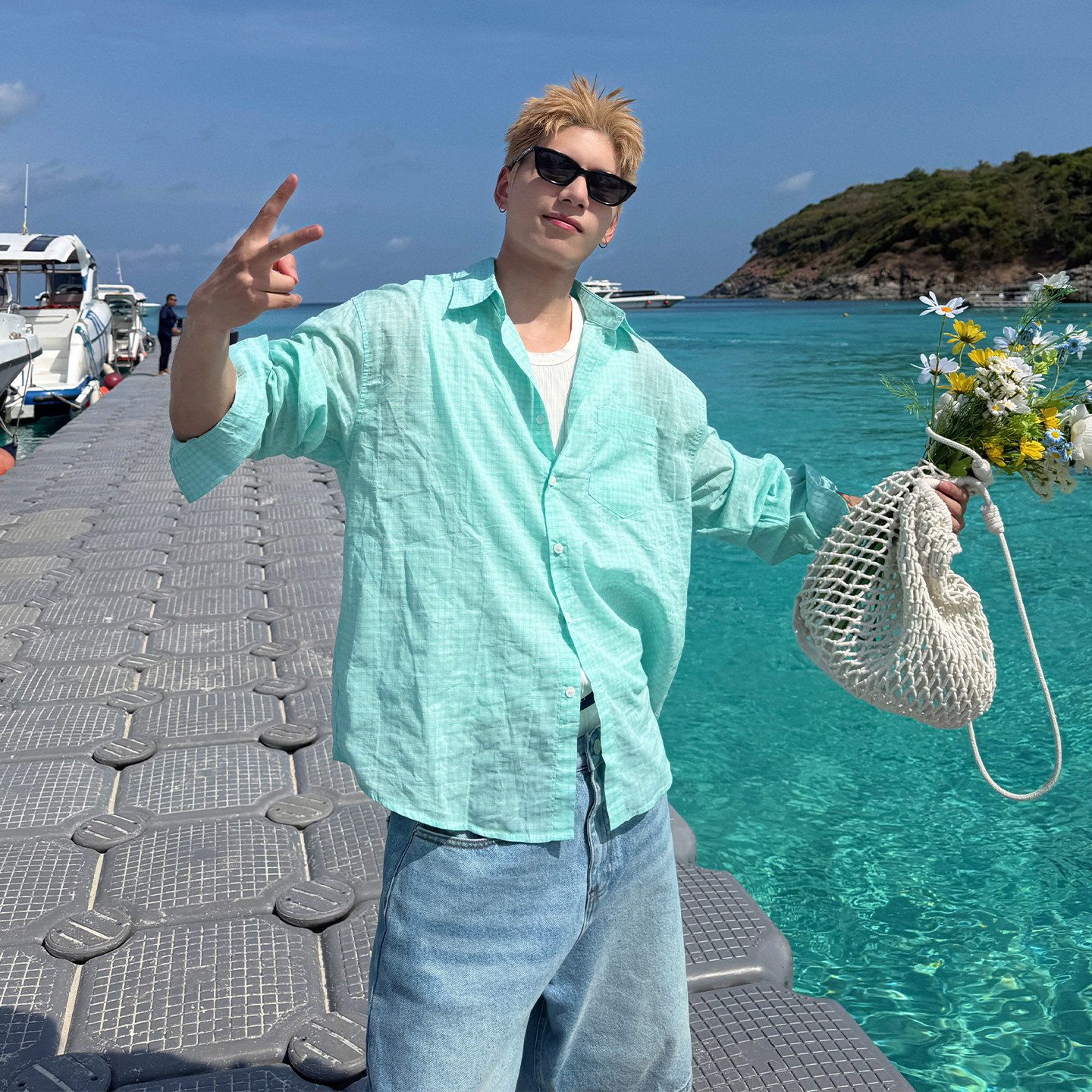 Holocene美式潮牌海边度假风格子衬衫男生夏季清新少年感长袖衬衣