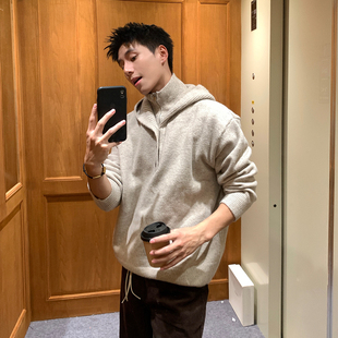 Holocene美式潮牌复古高领假两件连帽针织衫男士秋冬保暖内搭毛衣