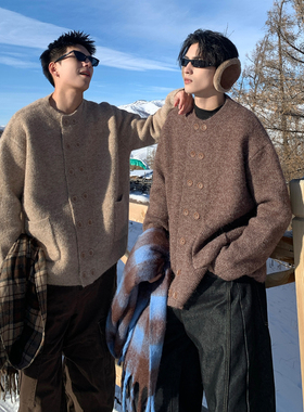 Holocene美式潮牌cleanfit圆领开衫毛衣男款冬季慵懒老钱风针织衫