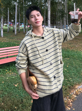 Holocene美式潮牌复古条纹连帽针织开衫男秋冬宽松简约风百搭上衣