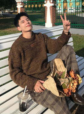 Holocene美式潮牌复古高街风加厚圆领针织衫男秋季宽松慵懒风上衣