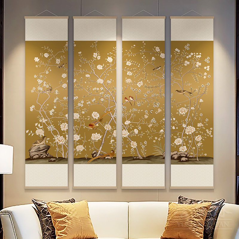 花开富贵新中式客厅装饰画花鸟四条屏挂轴画书房餐厅过道背景墙画