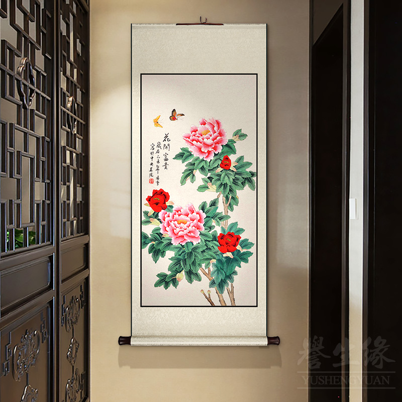 牡丹花开 富贵中式卷轴挂画 画竖版玄关装饰画 画客厅饭厅走廊过图片