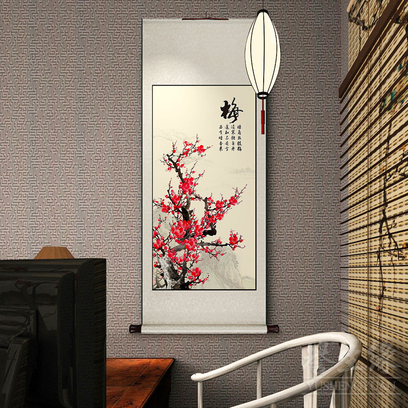 梅花中式卷轴挂画竖版玄关装饰画客厅走廊过道墙画餐厅书房壁画,家居饰品,现代装饰画,淘宝优惠券,粉丝福利购,淘宝优惠卷
