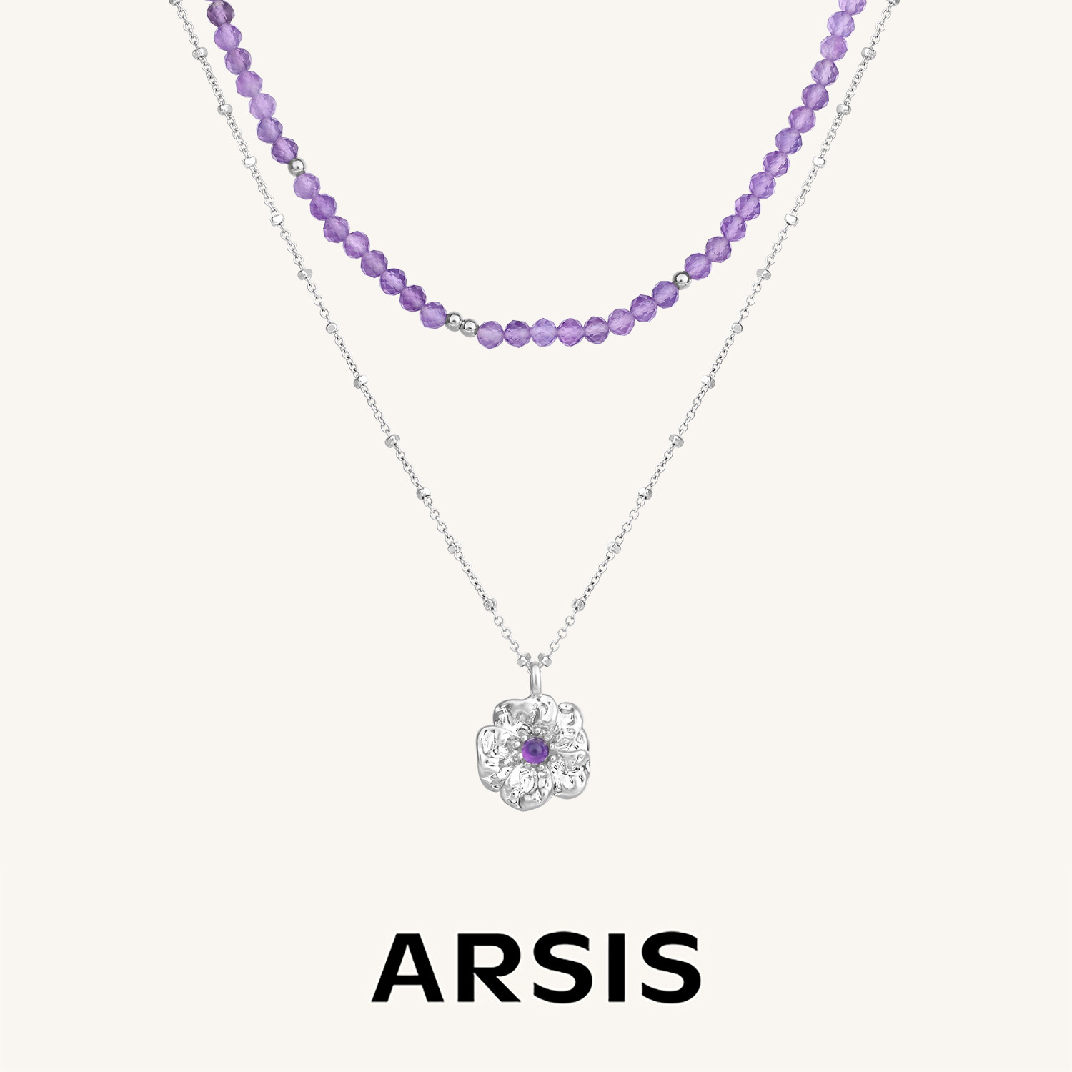 ARSIS繁绮系列繁花风影双层叠链轻奢紫水晶花朵吊坠链设计感叠戴