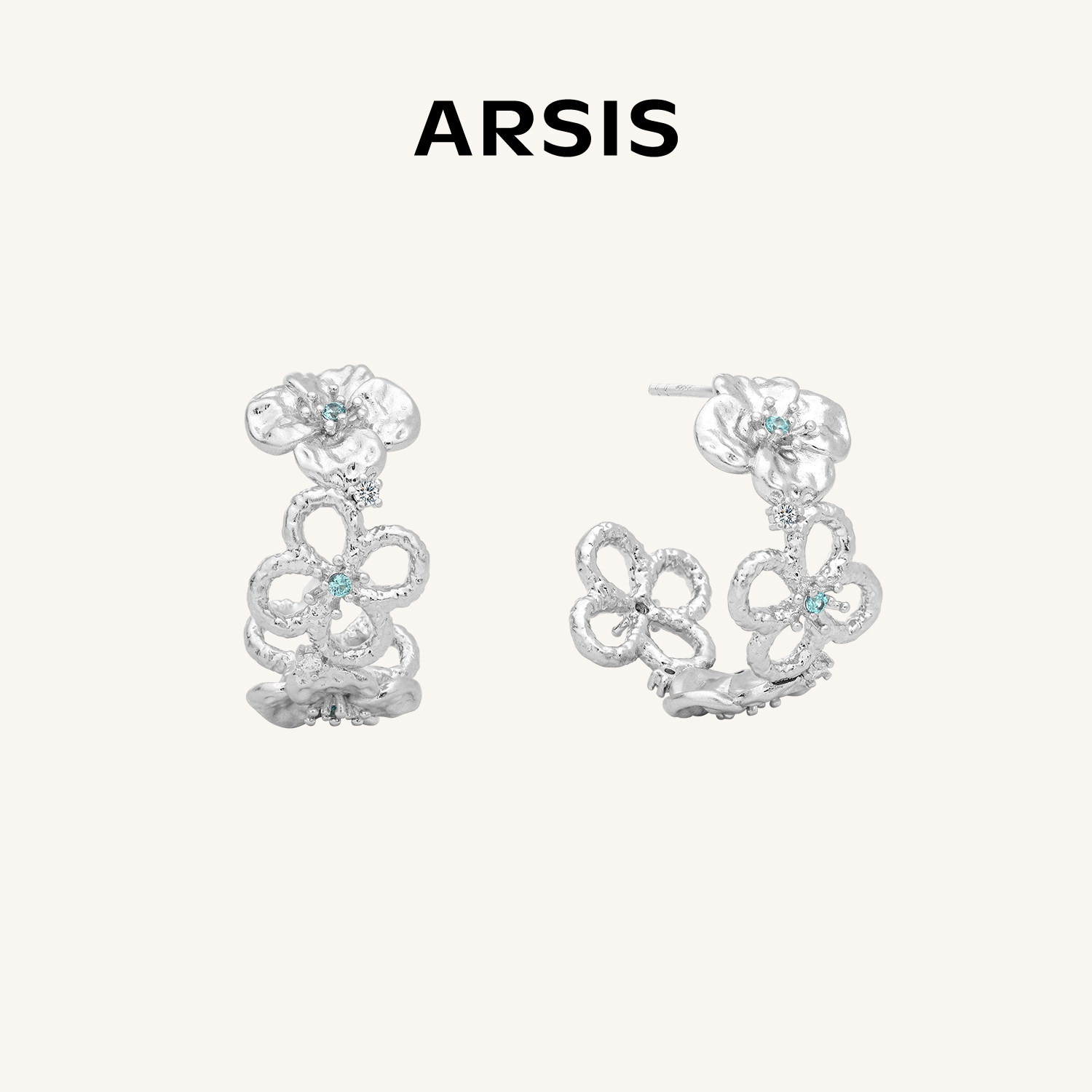 ARSIS繁绮系列繁花四叶草耳钉花朵C型耳圈女锆石设计感新款耳环