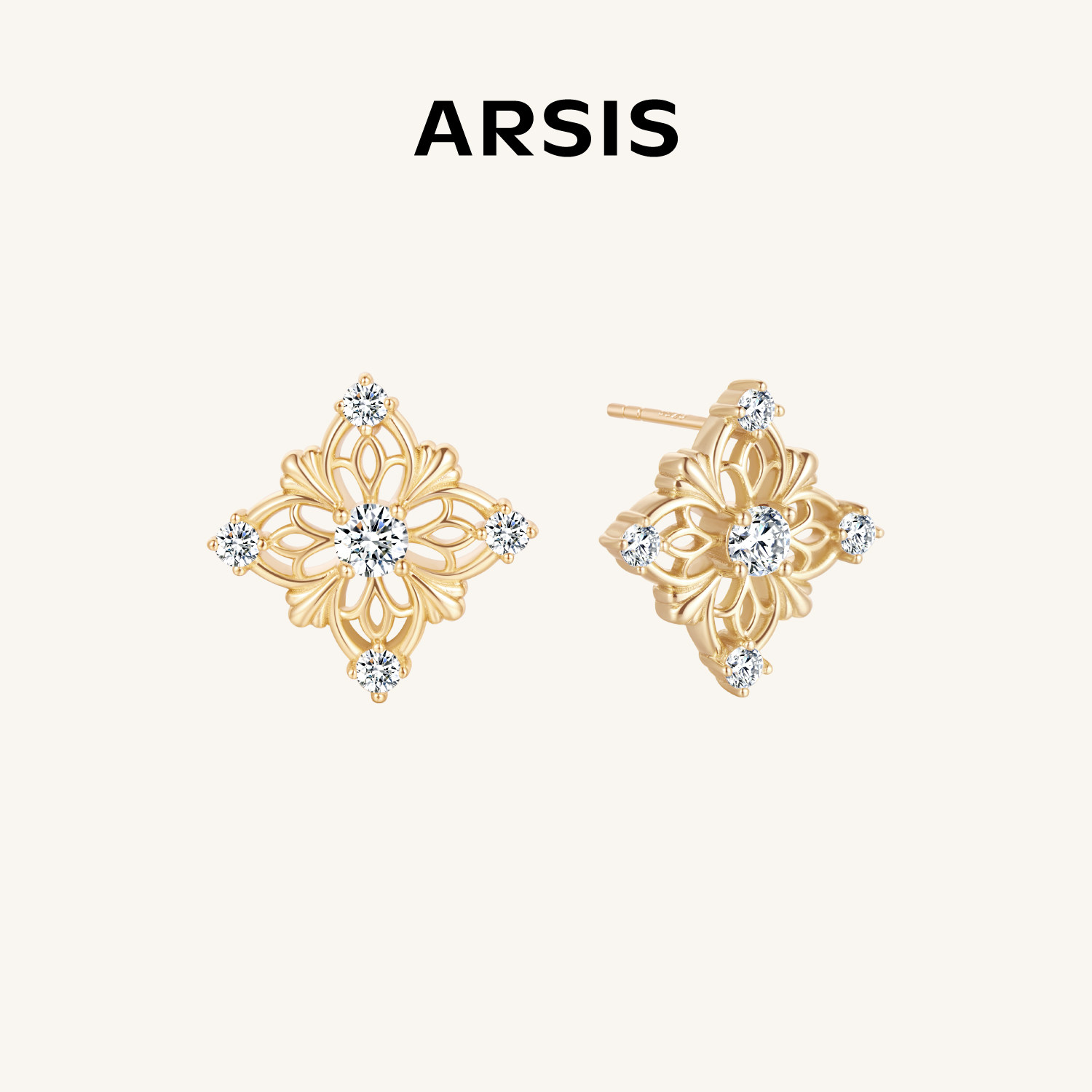 ARSIS卷草纹方形镶钻耳钉高级感