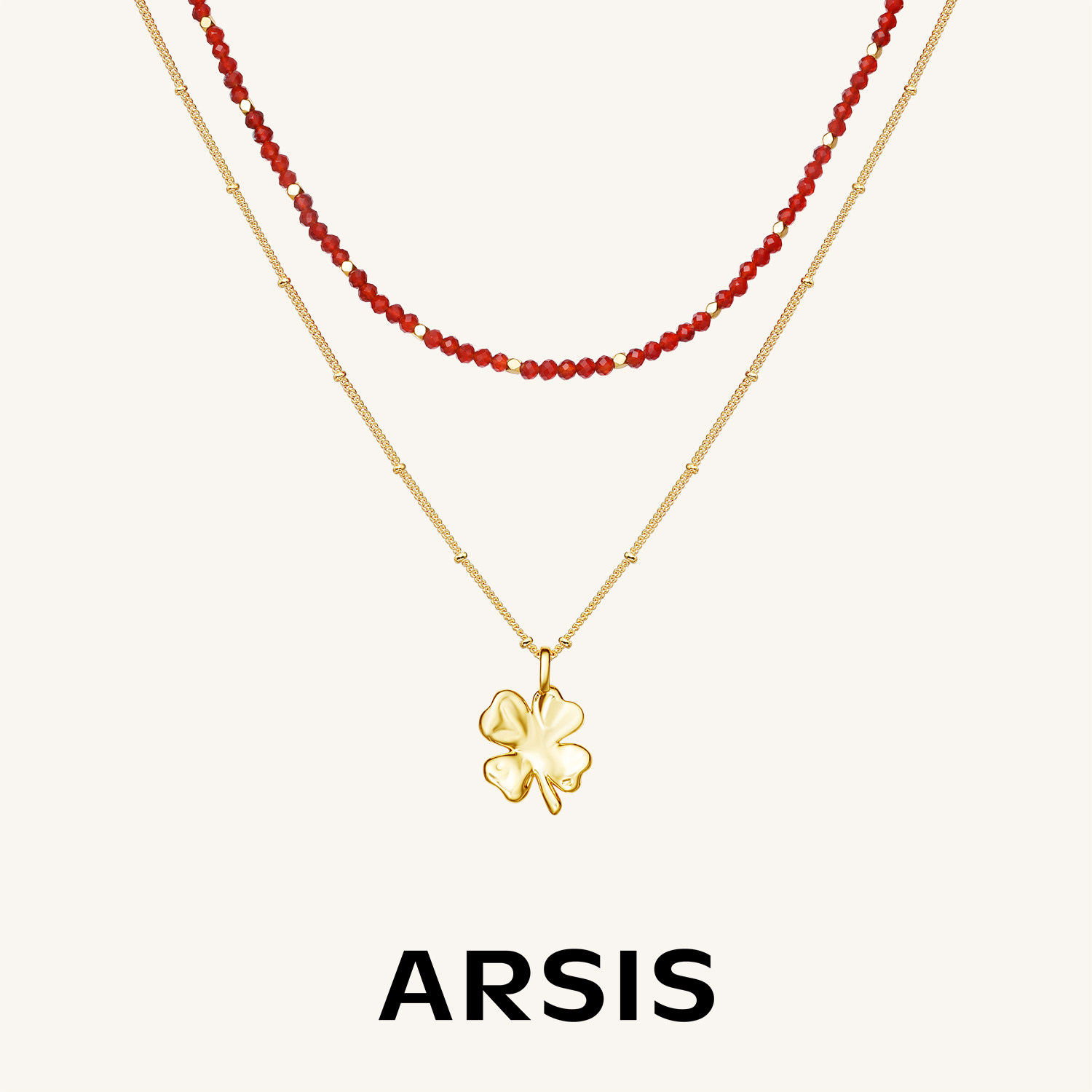 【新款】ARSIS幸运符号四叶草鸿运叠链珍珠毛衣链新年红色项链