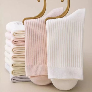 秋冬款 中筒长袜子防臭吸汗休闲竖条纹堆堆月子袜纯糖果色 女士韩版