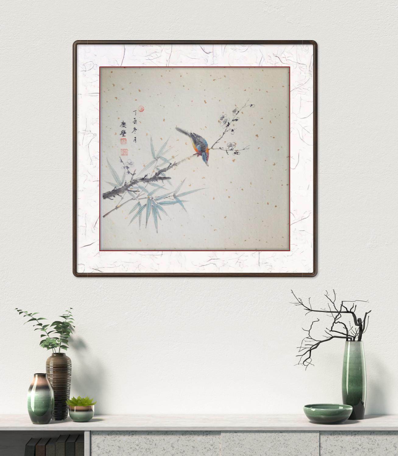 国画花鸟画斗方圆卡新中式禅意手绘水墨纸本装饰画飞禽鸟语花香01