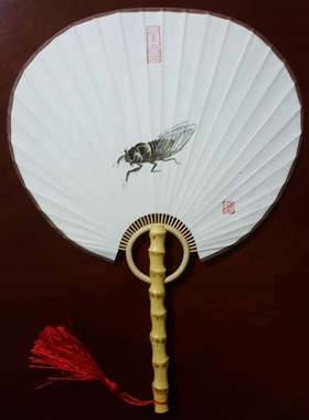 书房文玩工艺扇中式复古装饰水墨纸本手绘画芯花鸟古典竹团扇夏蝉