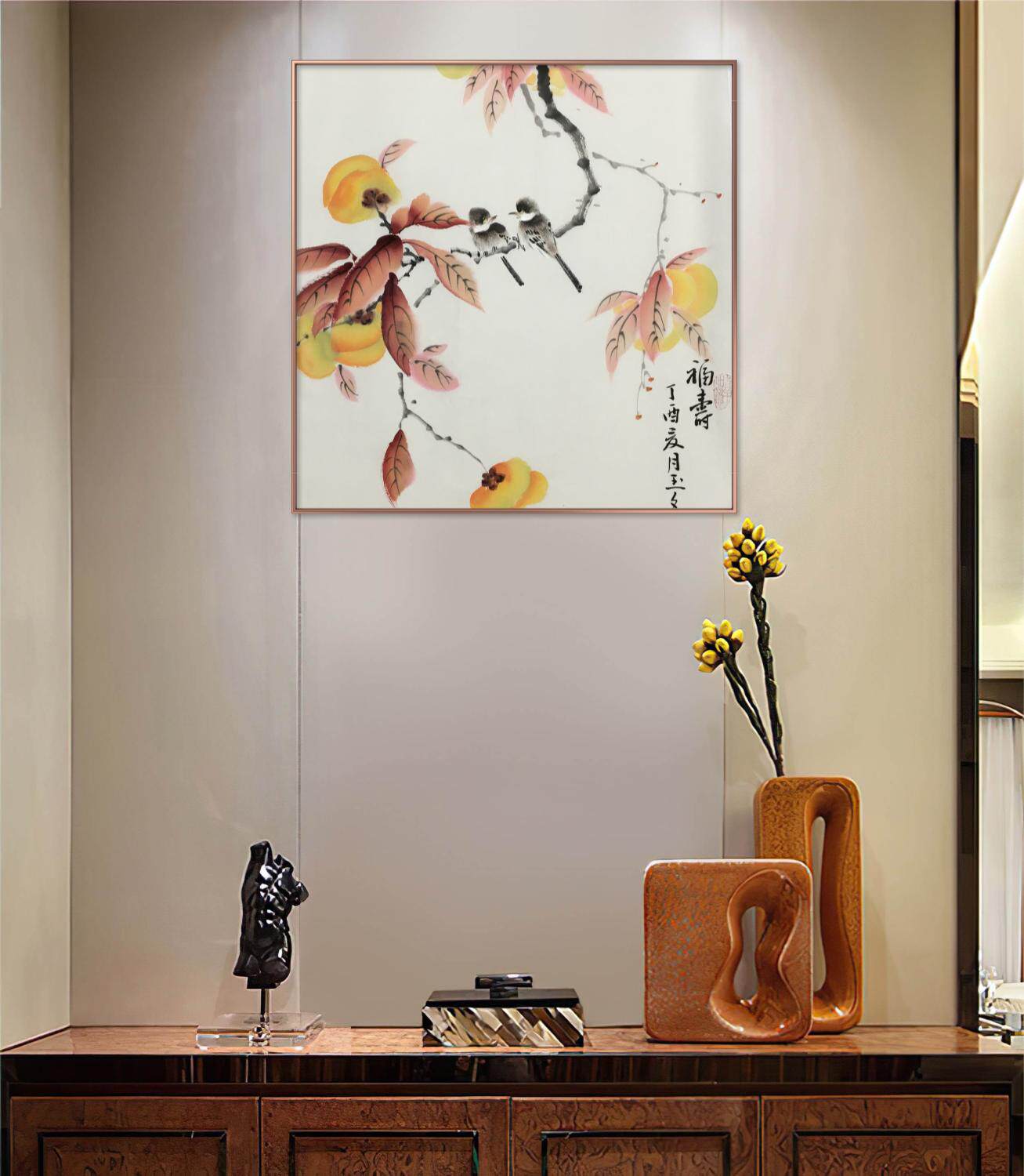 国画花鸟画斗方圆卡新中式禅意手绘水墨纸本装饰画飞禽之成双对02