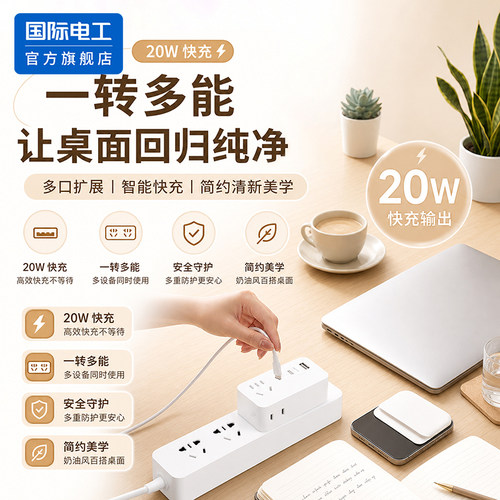 国际电工20W快充双USB+TypeC排插