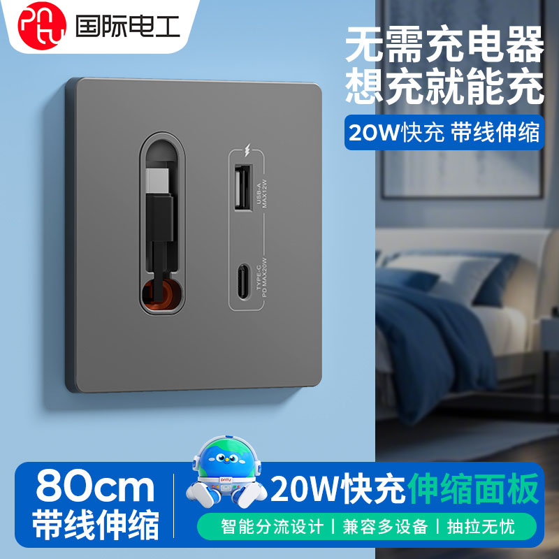 国际电工20W快充USB带数据线插座