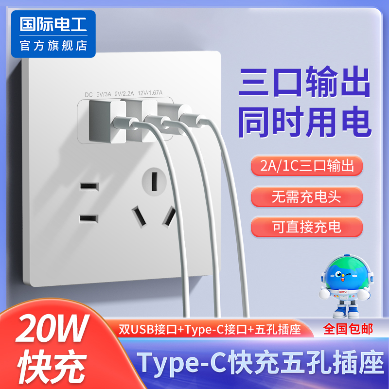 国际电工10A白色USB快充手机充电