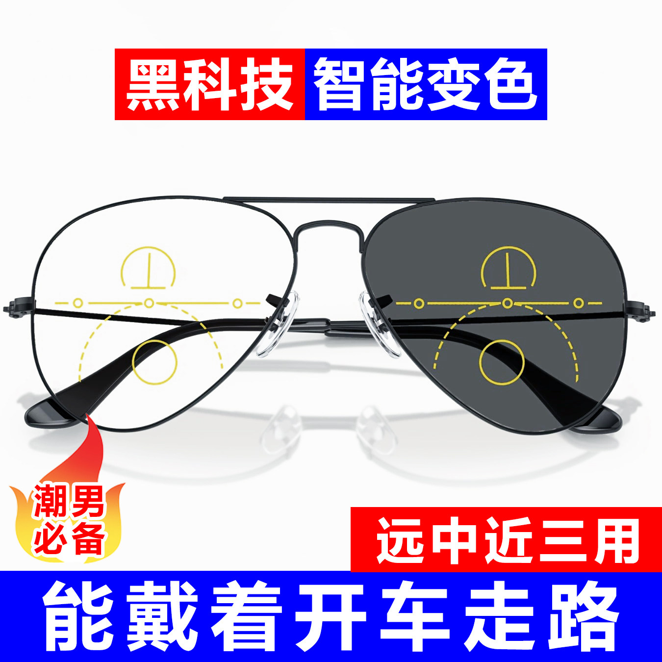 【买一送一】智能变色老花眼镜男款远中近三用高清老花镜高档变焦