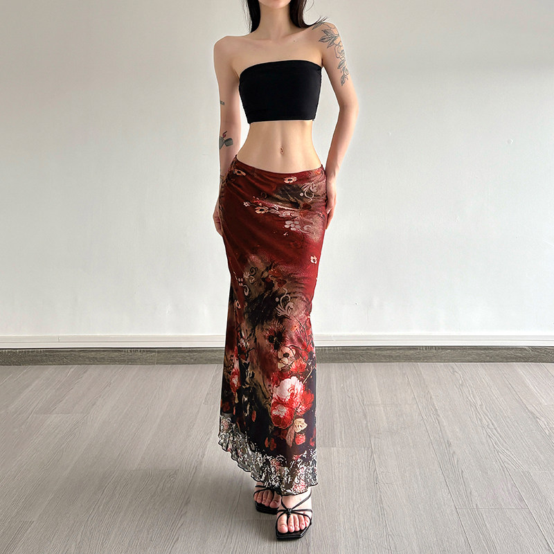 IAEY美式复古花卉印花低腰网纱半身裙百搭修身小众辣妹包臀长裙夏
