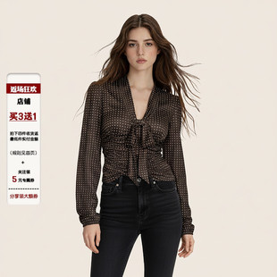 褶皱收腰显瘦气质打底衫 衬衫 复古棕色波点印花深V领长袖 IAEY法式