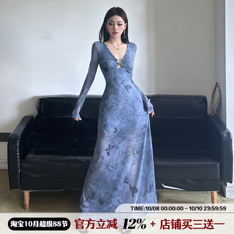 IAEY古风辣妹山水蝴蝶长袖连衣裙秋冬V领金属扣镂空收腰A字裙长裙