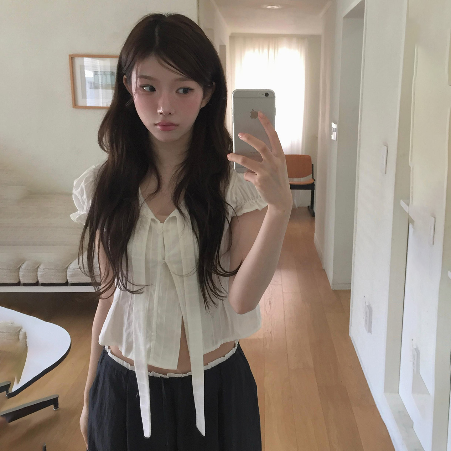 IAEY韩系甜美少女泡泡袖系带风琴褶收腰显瘦衬衫小众气质休闲上衣