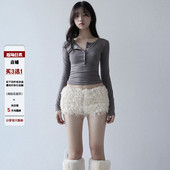 女设计感流苏跳舞热裤 IAEY千禧辣妹风 白色毛茸茸纯欲休闲短裤 潮