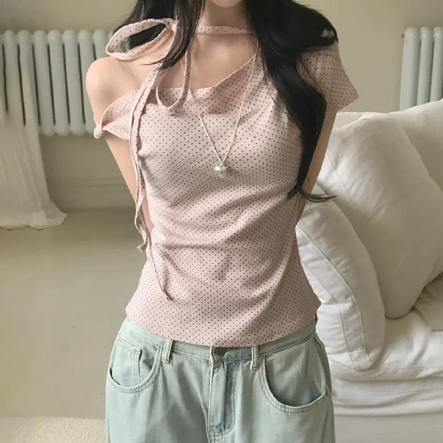 IAEY韩系纯欲少女~波点印花系带短袖T恤夏季不规则露肩性感上衣潮