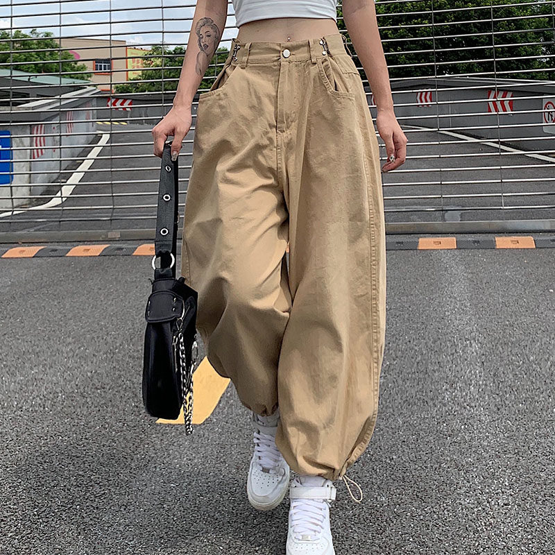 美式复古辣妹街头宽松大码休闲裤女显瘦口袋束脚工装裤胖MM休闲裤