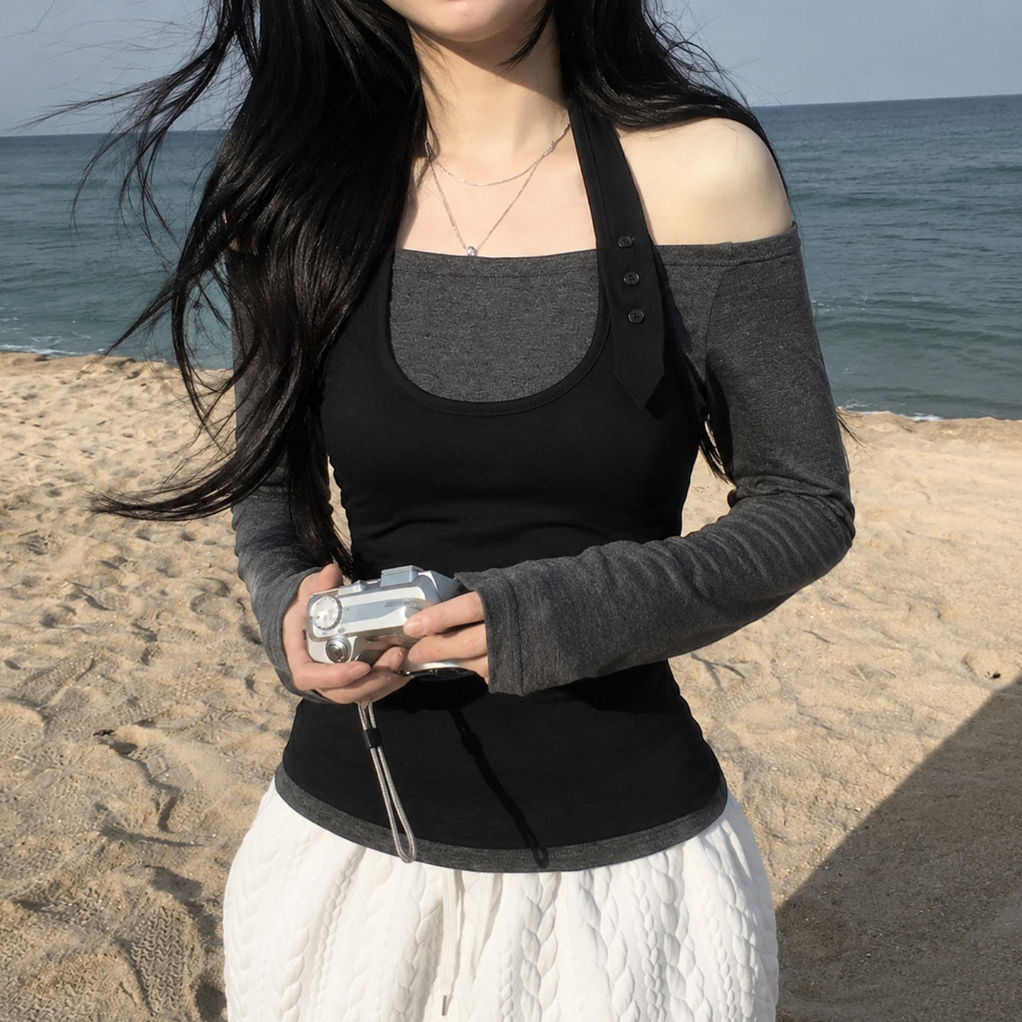 IAEY欧美风街头辣妹一字肩长袖T恤二件套百搭修身纯欲挂脖背心潮