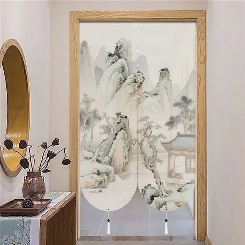 极速新中式圆形门帘山水松树玄关装饰画茶L室书房半截挂帘子免打
