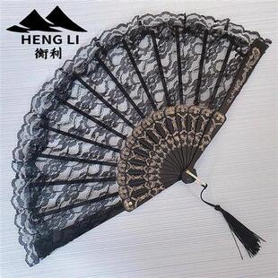 新品抖音同款黑暗古风p折扇蕾丝配旗袍扇子女士羽毛折叠扇网红扇